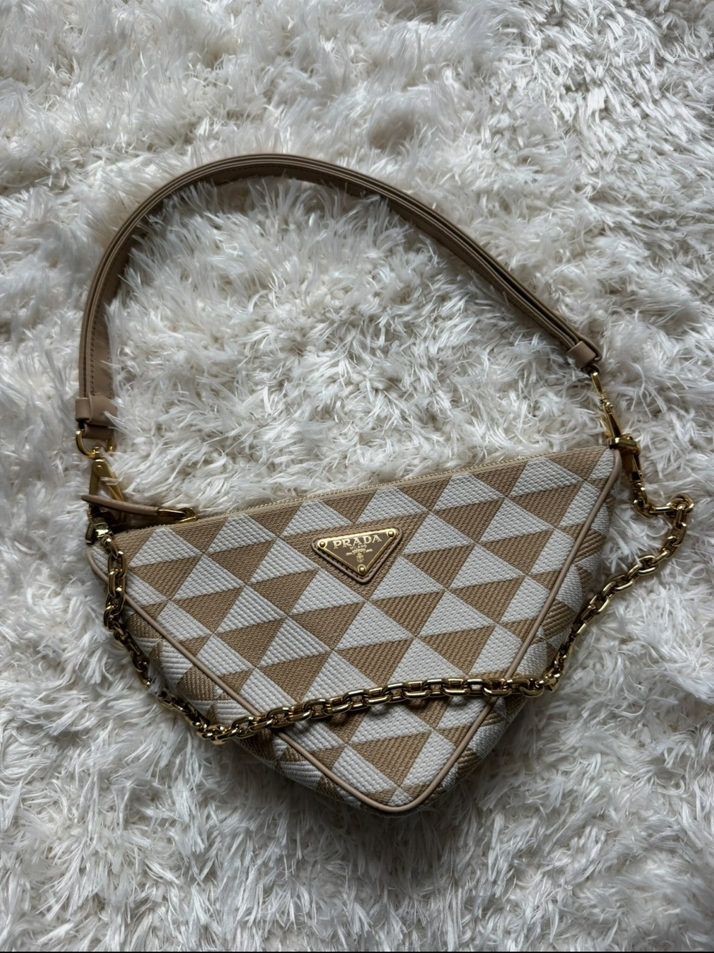 Prada Beige & White Triangle-Print Mini Shoulder Bag with Gold Chain - Picture 2 of 7